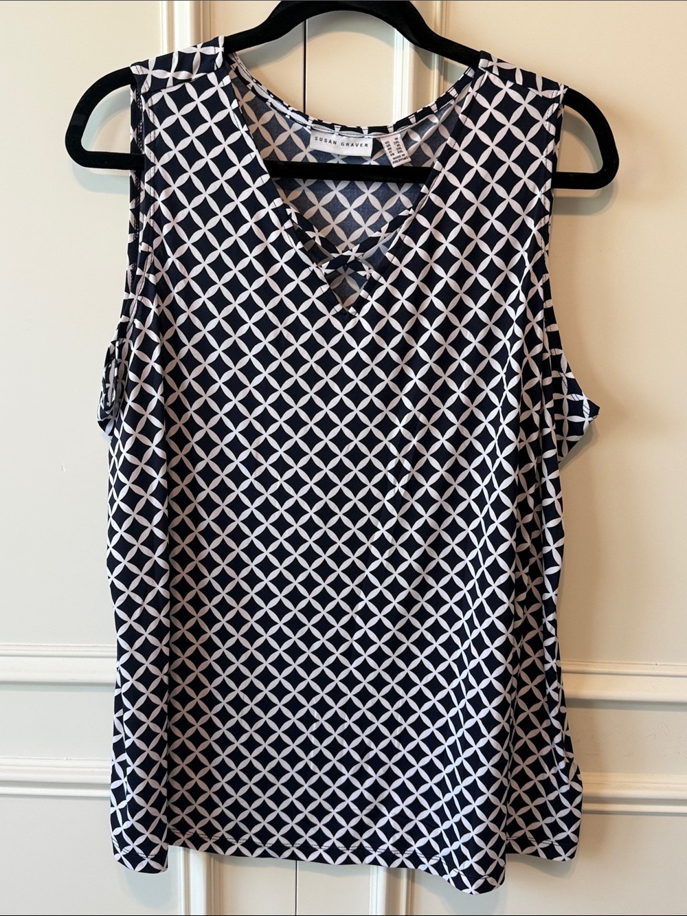 Susan Graver Navy & White Lattice-Print Sleeveless V-Neck Tank